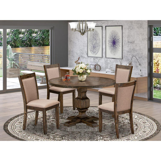 East West Furniture 5 Piece Dining Room Set Includes a Mid Century Dining Table and 4 Dark Khaki Linen Fabric Kitchen Chairs with High Back - Distressed Jacobean Finish