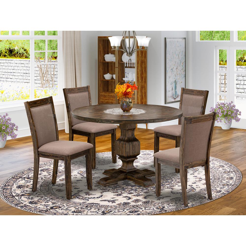 East West Furniture 5-Pc Dining Set - Round Dining Table and 4 Coffee Color Parson Wooden Chairs with High Back - Distressed Jacobean Finish