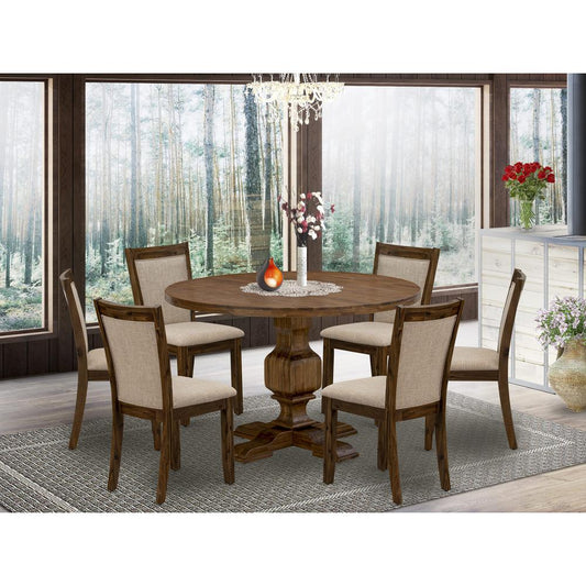 East West Furniture 7-Piece Dining Room Set - Round Wood Dining Table and 6 Light Tan Color Parson Chairs with High Back - Antique Walnut Finish