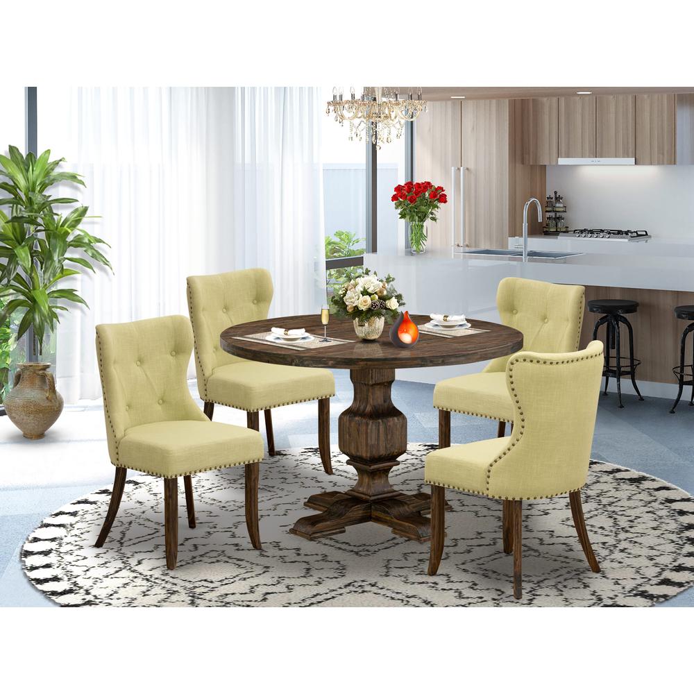 East West Furniture 5-Pc Modern Dining Table Set - Dining Table and 4 Limelight Color Parson Modern Chairs with Button Tufted Back - Distressed Jacobean Finish