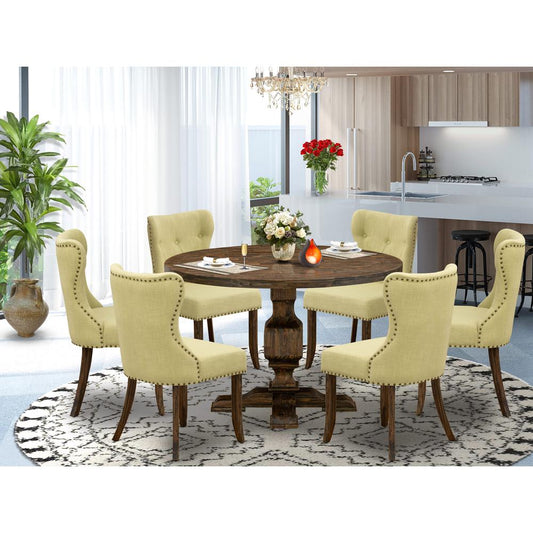 East West Furniture 7-Piece Dining Table Set - Modern Dining Table and 6 Limelight Color Parson Dining Room Chairs with Button Tufted Back - Distressed Jacobean Finish