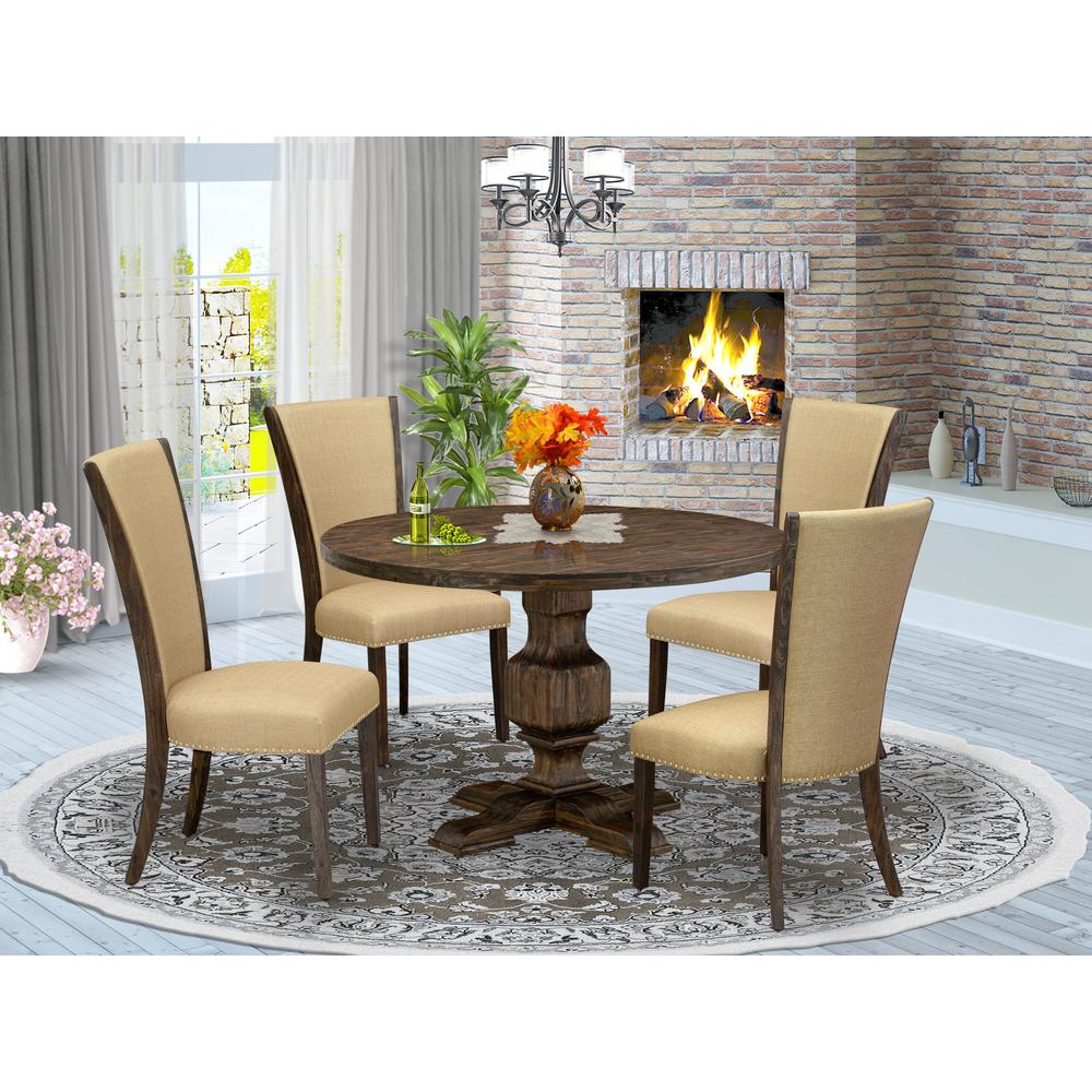 East West Furniture 5-Piece Modern Dining Set - Dining Table and 4 Brown Color Parson Padded Chairs with High Back - Distressed Jacobean Finish