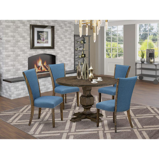 East West Furniture 5-Pc Kitchen Dining Table Set - Round Modern Dining Table and 4 Blue Color Parson Wood Dining Chairs with High Back - Distressed Jacobean Finish