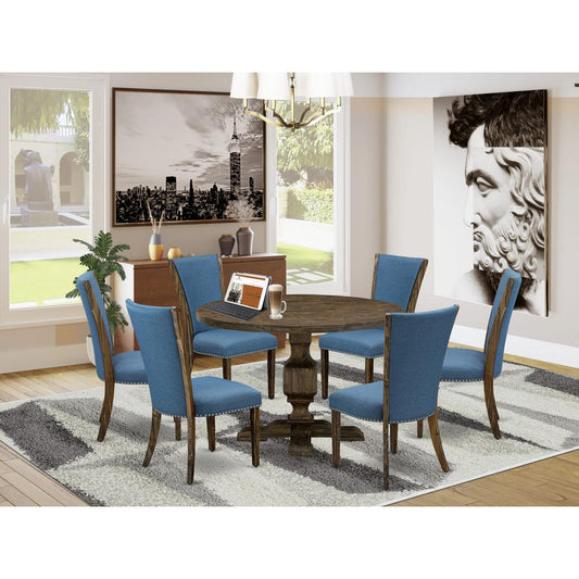 East West Furniture 7-Pc Dining Room Table Set - Dinner Table and 6 Blue Color Parson Dining Chairs with High Back - Distressed Jacobean Finish