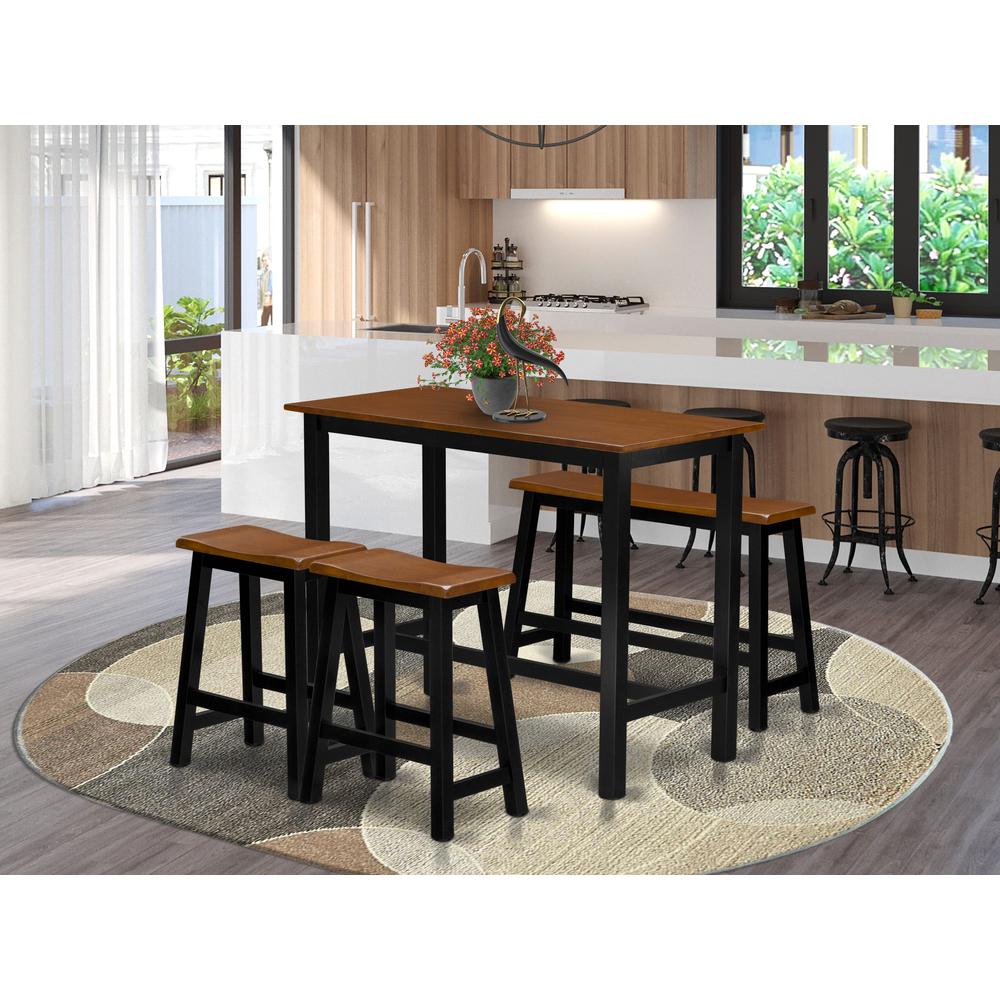 East West Furniture 4 Piece Kitchen Dining Table Set Contains a Dining Room Table, 2 Stools with a Dining Table Bench - Black & Cherry Finish