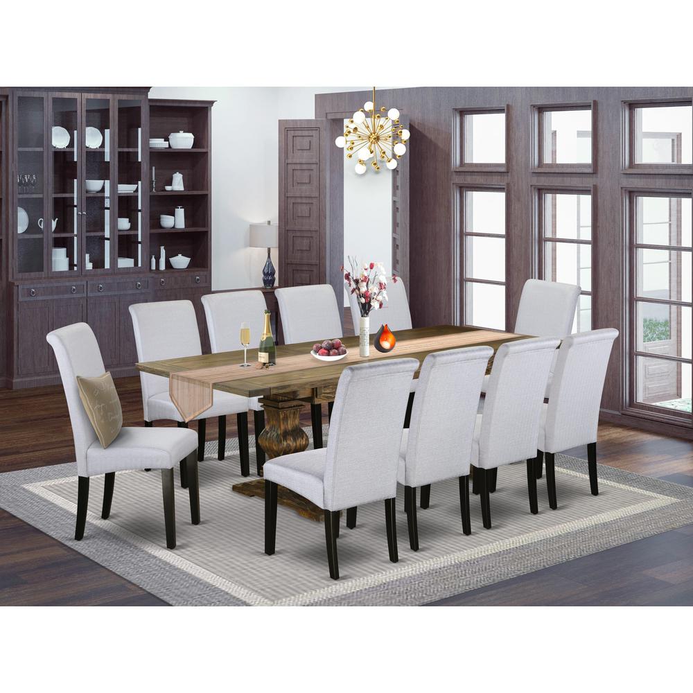 East West Furniture 11-Piece Dining Room Set Consists of a Rectangular Dining Table and 10 Grey Linen Fabric Padded Chairs with High Back - Distressed Jacobean Finish