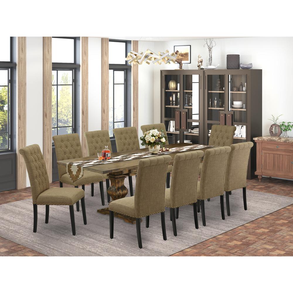 East West Furniture 11-Piece Table Set Contains a Wooden Table and 10 Light Sable Linen Fabric Mid Century Dining Chairs with Button Tufted Back - Distressed Jacobean Finish