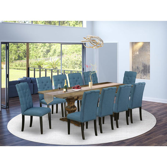 East West Furniture 11-Piece Mid Century Modern Dining Set Contains a Dining Table and 10 Mineral Blue Linen Fabric Dining Chairs with Button Tufted Back - Distressed Jacobean Finish