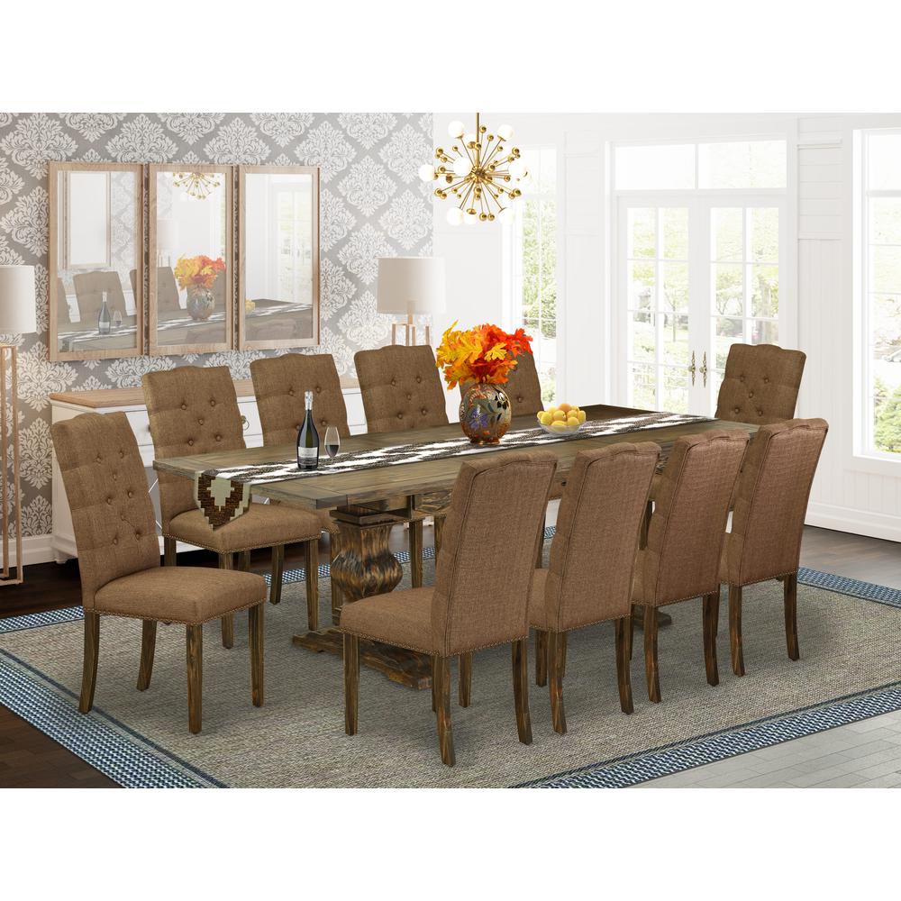 East West Furniture 11-Piece Dining Table Set Includes a Dining Room Table and 10 Brown Linen Fabric Upholstered Chairs with Button Tufted Back - Distressed Jacobean Finish