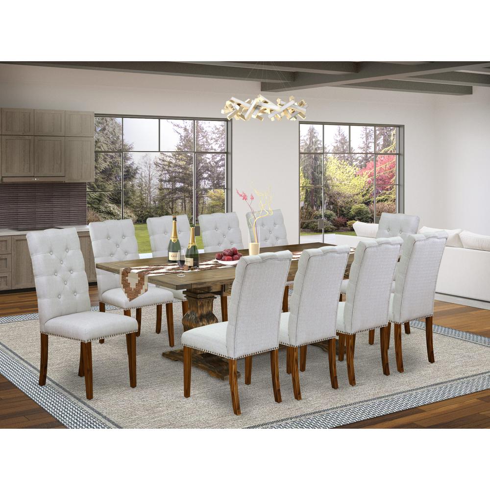 East West Furniture 11-Piece Dining Table Set Includes a Rectangular Dining Table and 10 Grey Linen Fabric Parson Chairs with Button Tufted Back - Distressed Jacobean Finish