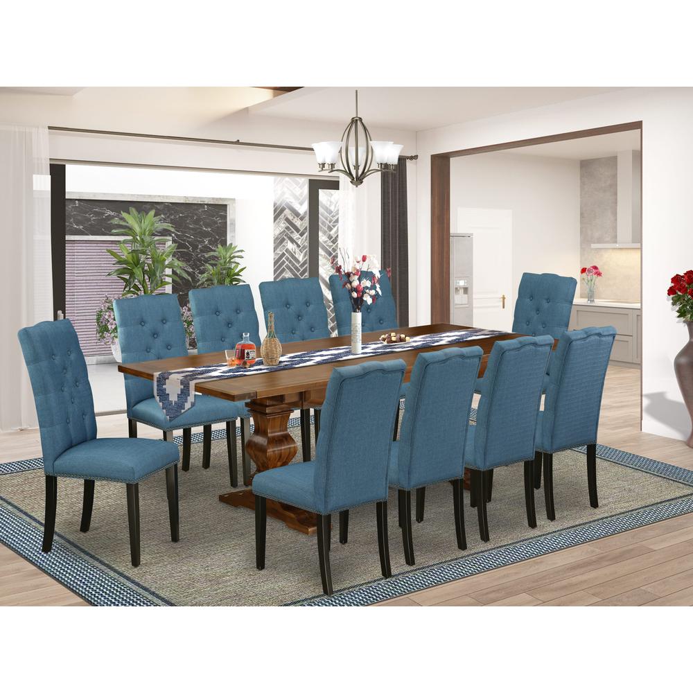 East West Furniture 11-Pieces Kitchen Table Set - A Butterfly Leaf Double Pedestal Dinner Table and 10 Blue Linen Fabric Dining Chairs with Button Tufted Back - Antique Walnut Finish