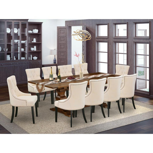 East West Furniture 11-Pieces Dinette Set - A Butterfly Leaf Double Pedestal Wooden Table and 10 Light Beige Linen Fabric Kitchen Chairs with Button Tufted Back - Antique Walnut Finish