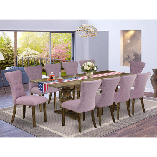 East West Furniture 11-Piece Kitchen Table Set Contains a Wooden Table and 10 Dahlia Linen Fabric Dining Room Chairs with Button Tufted Back - Distressed Jacobean Finish