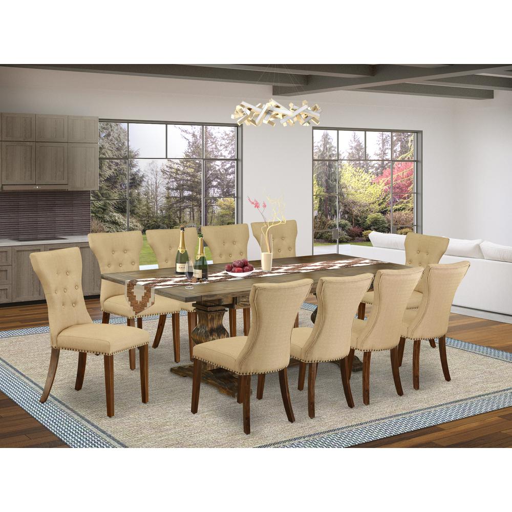 East West Furniture 11-Piece Kitchen Table Set Contains a Mid Century Dining Table and 10 Brown Linen Fabric Dining Room Chairs with Button Tufted Back - Distressed Jacobean Finish