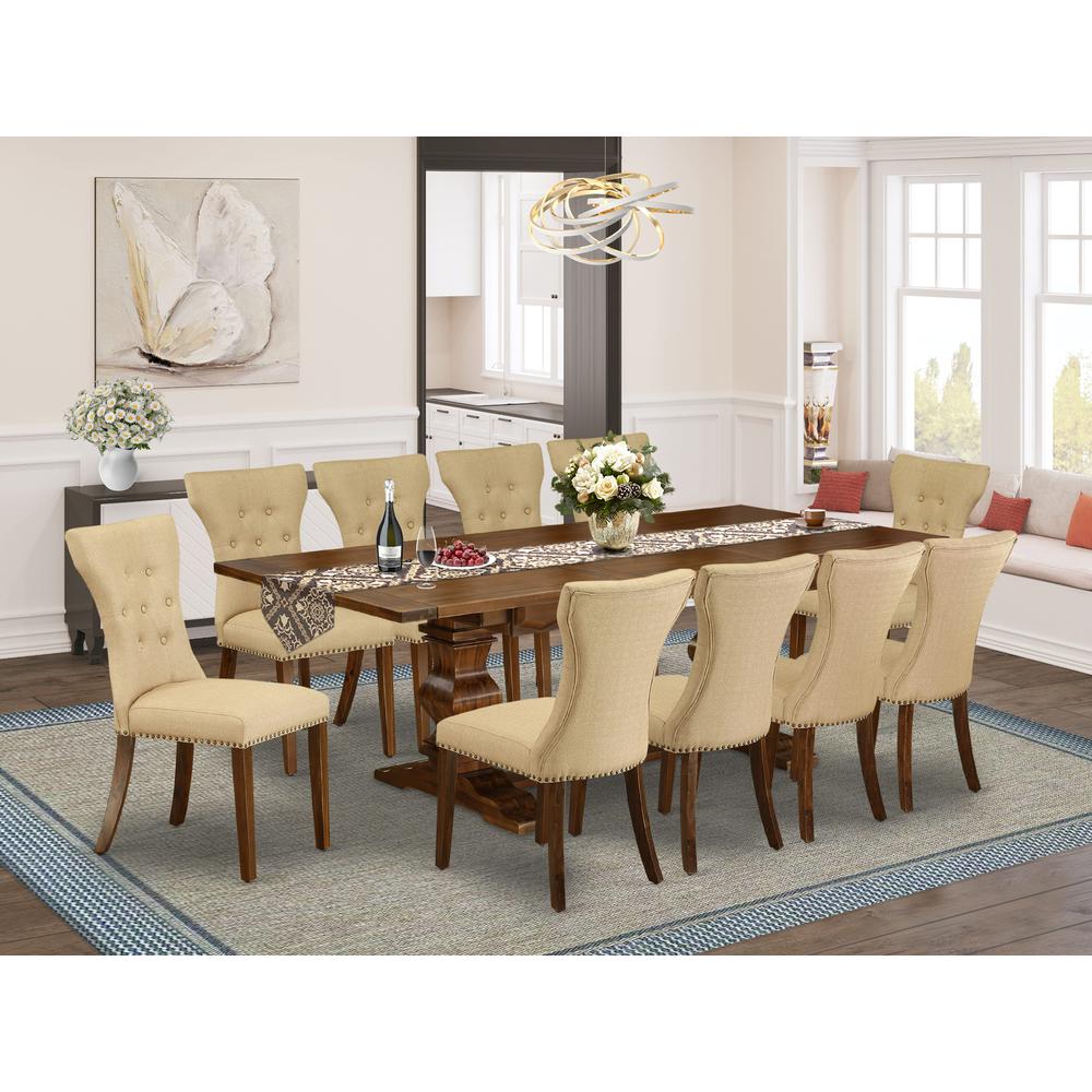 East West Furniture 11-Pieces Dining Set - A Butterfly Leaf Double Pedestal Dining Table and 10 Brown Linen Fabric Dining Chairs with button Tufted Back - Antique Walnut Finish