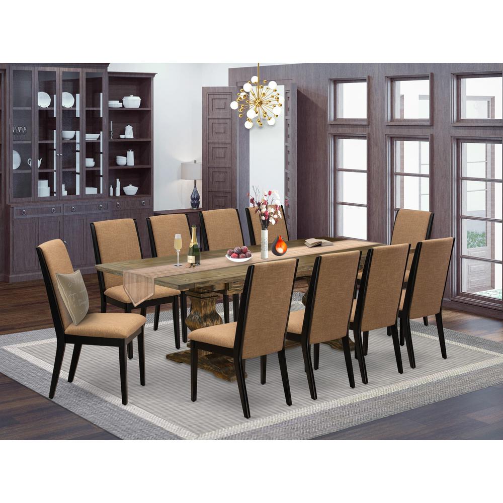 East West Furniture 11-Piece Dinner Table Set Consists of a Wooden Dining Table and 10 Light Sable Linen Fabric Dining Chairs with High Back - Distressed Jacobean Finish