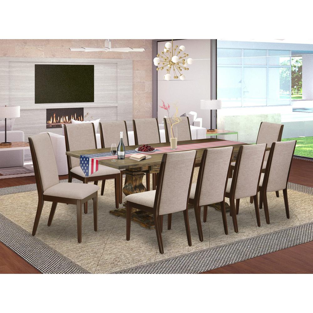 East West Furniture 11-Piece Kitchen Dining Table Set Contains a Rectangular Table and 10 Light Tan Linen Fabric Upholstered Chairs with High Back - Distressed Jacobean Finish