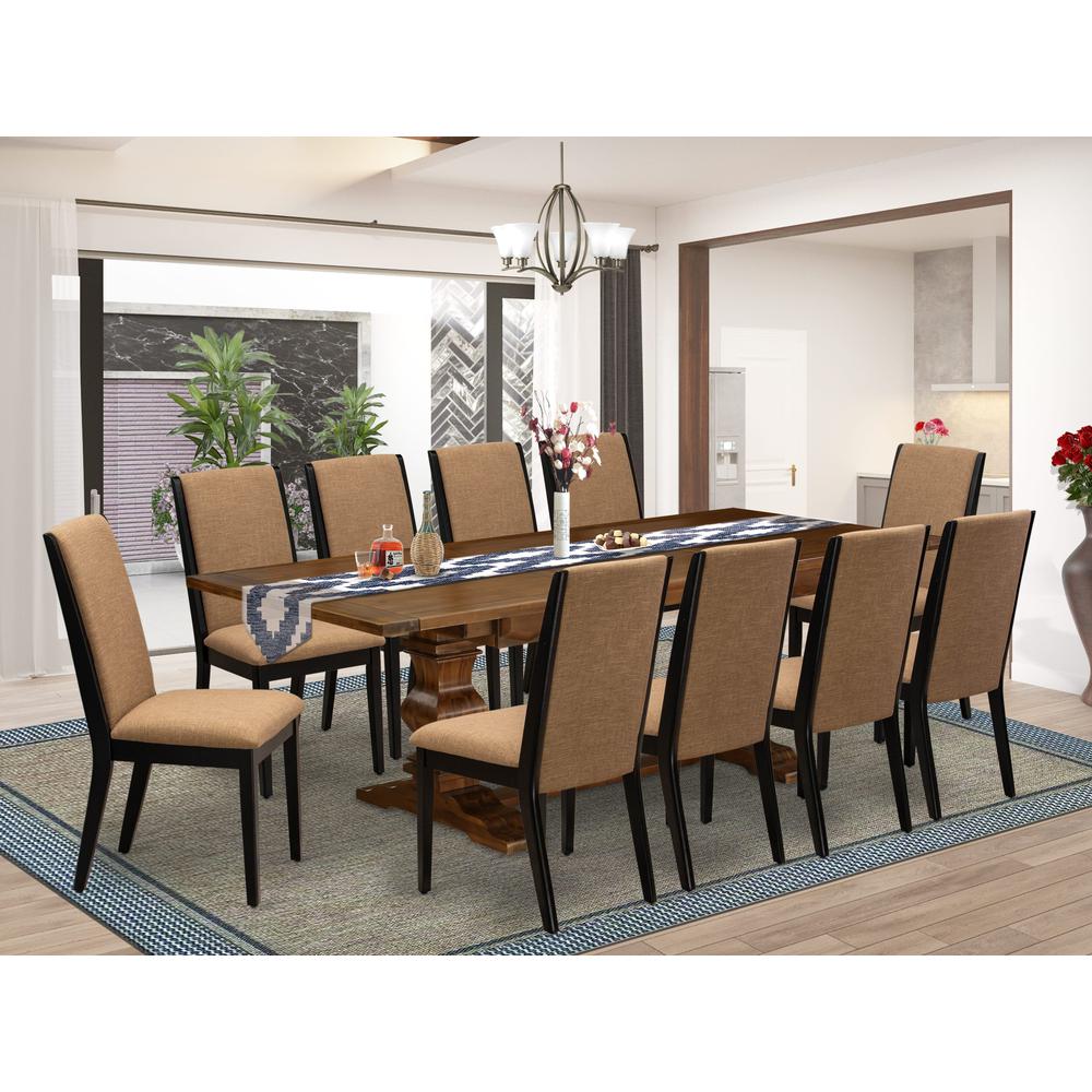 East West Furniture 11-Pieces Dinner Table Set - A Butterfly Leaf Double Pedestal Dining Table and 10 Light Sable Linen Fabric Upholstered Chairs with High Back - Antique Walnut Finish