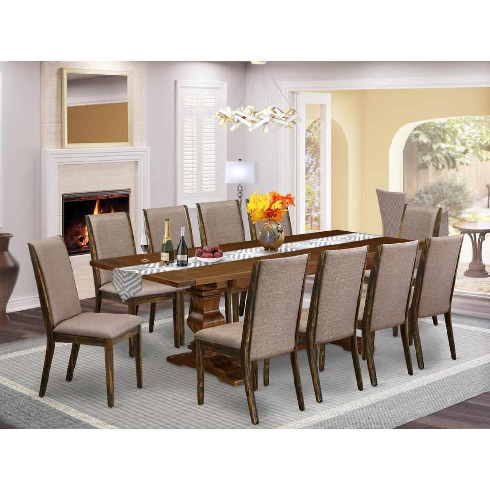 East West Furniture 11-Pieces Kitchen Table Set - A Butterfly Leaf Double Pedestal Modern Kitchen Table and 10 Dark Khaki Linen Fabric Dining Chairs with High Back - Antique Walnut Finish