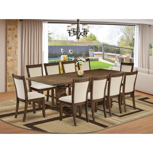 East West Furniture 11-Pcs Dinner Table Set - 1 Rectangular Dining Table with Double Pedestal and 10 Light Beige Linen Fabric Dining Chairs with Stylish Back - Distressed Jacobean Finish