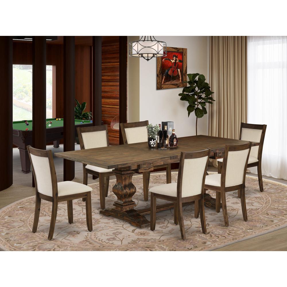 East West Furniture 7-Pcs Kitchen Table Set - 1 Kitchen Table with Double Pedestal and 6 Light Beige Linen Fabric Dining Chairs with Stylish High Back - Distressed Jacobean Finish