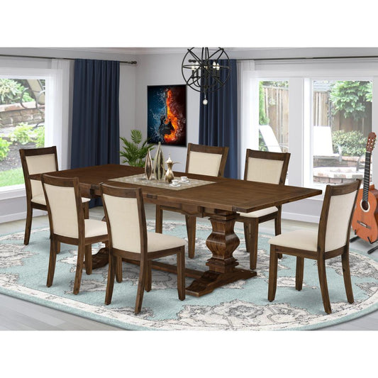 East West Furniture 7-Pieces Table Set - 1 Rectangular Dining Table with Double Pedestal and 6 Light Beige Linen Fabric Wood Dining Chairs with Stylish High Back - Antique Walnut Finish