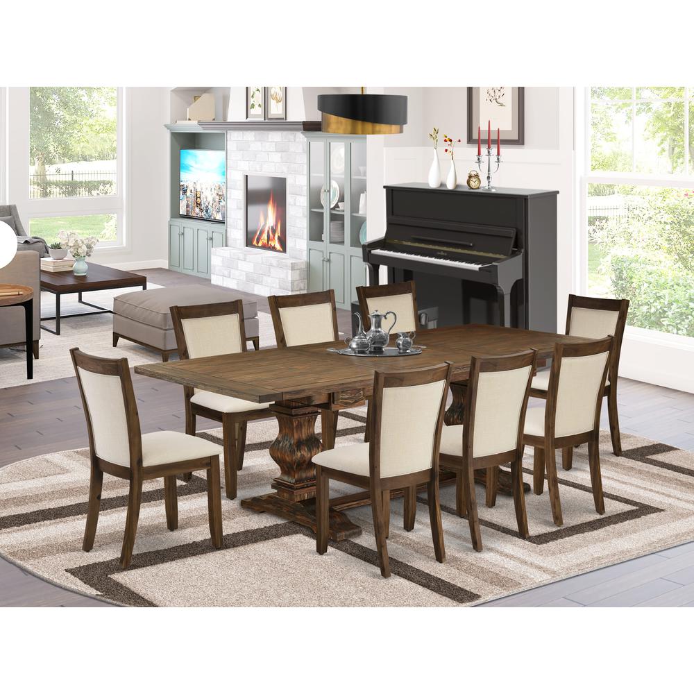 East West Furniture 9-Pcs Kitchen Table Set - 1 Rectangular Wood Table with Double Pedestal and 8 Light Beige Linen Fabric Kitchen Chairs with Stylish Back (Distressed Jacobean Finish)