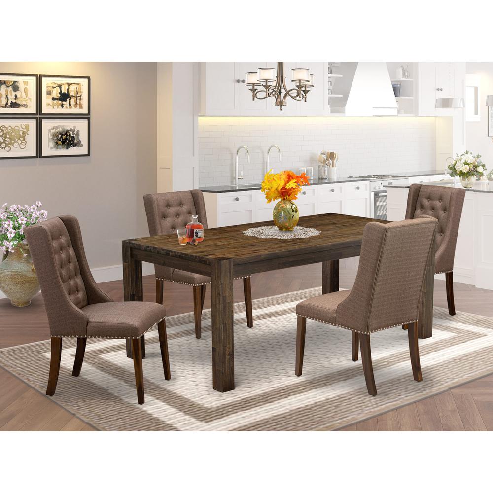 LMFO5-N8-18 5-Pc Dining Set with dining table and 4 Brown Linen Fabric Dining Chair - Antique Walnut Finish