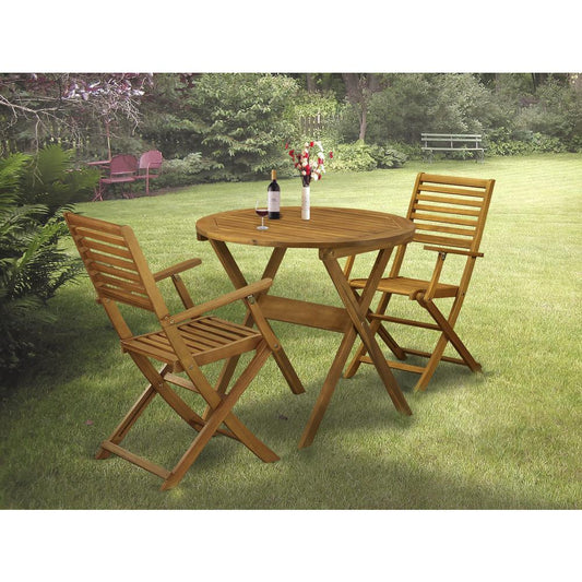 East West Furniture 3-Piece Outdoor Dining Table Set Includes a Bistro Table and 2 Folding Dining Chairs Perfect for Garden, Terrace, Bistro, and Porch - Natural Oil Finish