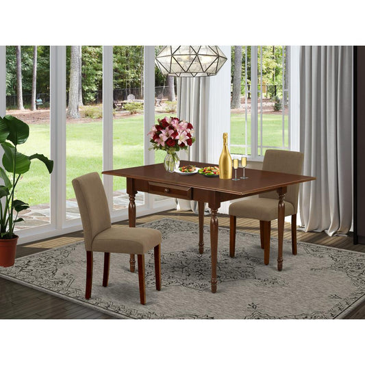 1MZAB3-MAH-18 3Pc Dining Table Set Includes a Dining Table and 2 Parson Chairs with Coffee Color Linen Fabric, Drop Leaf Table with Full Back Chairs, Mahogany Finish