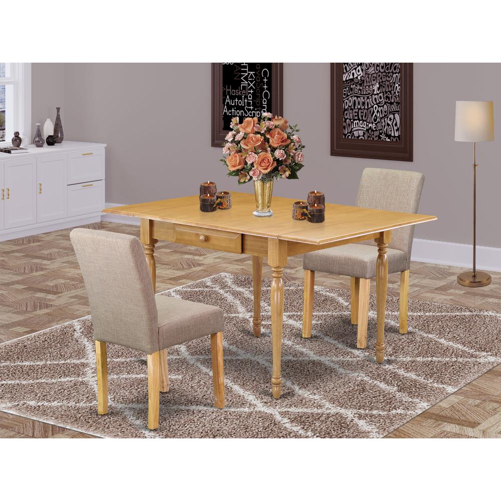 1MZAB3-OAK-04 3Pc Dinette Set Contains a Small Dining Table and 2 Parsons Dining Chairs with Light Fawn Color Linen Fabric, Drop Leaf Table with Full Back Chairs, Oak Finish