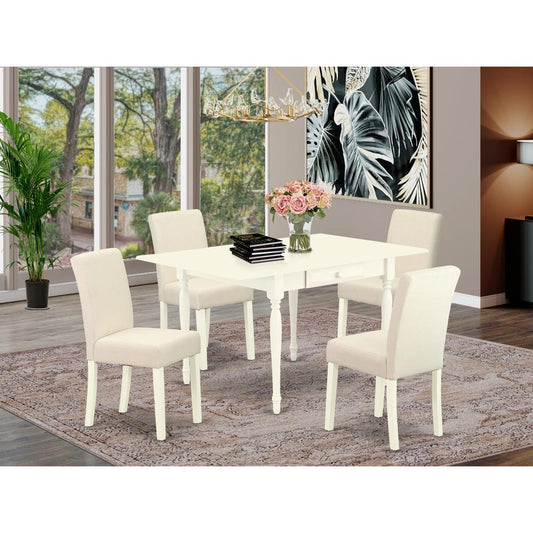 1MZAB5-LWH-02 5Pc Kitchen Set Consists of a Modern Dining Table and 4 Parson Chairs with Light Beige Color Linen Fabric, Drop Leaf Table with Full Back Chairs, Linen White Finish