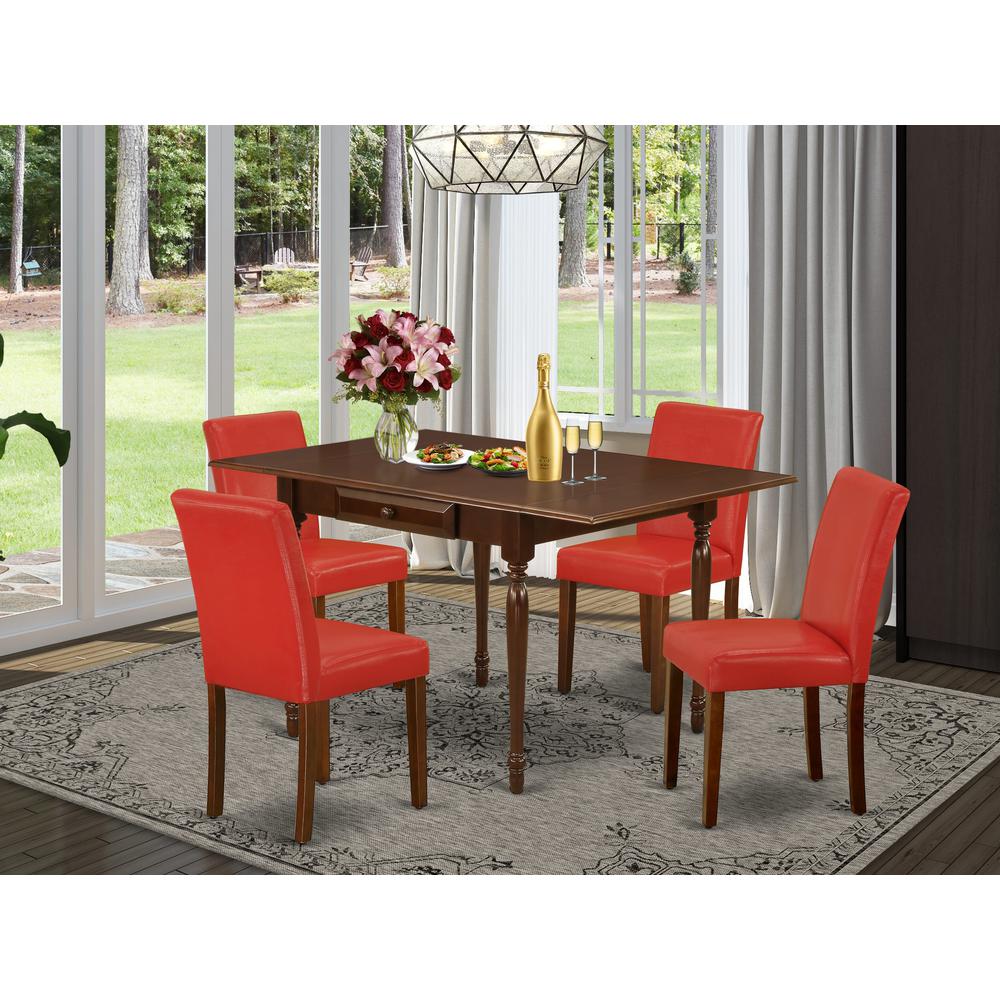 1MZAB5-MAH-72 5Pc Dining Set for 4 Includes a Dining Room Table and 4 Parsons Chairs with Firebrick Red Color PU Leather, Drop Leaf Table with Full Back Chairs, Mahogany Finish