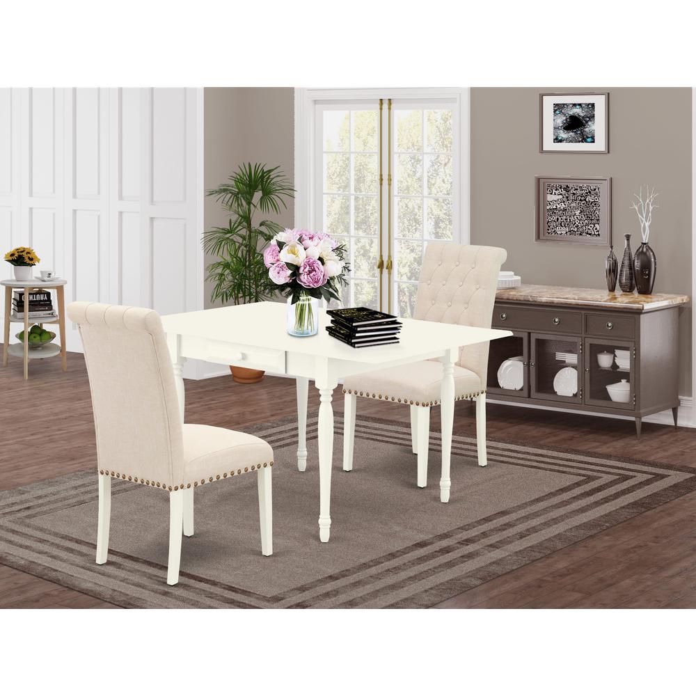 1MZBR3-LWH-02 3Pc Dining Table Set Contains a Kitchen Table and 2 Parsons Chairs with Light Beige Color Linen Fabric, Drop Leaf Table with Full Back Chairs, Linen White Finish