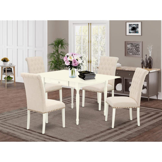 1MZBR5-LWH-02 5Pc Dinette Set Includes a Small Table and 4 Parsons Dining Chairs with Light Beige Color Linen Fabric, Drop Leaf Table with Full Back Chairs, Linen White Finish