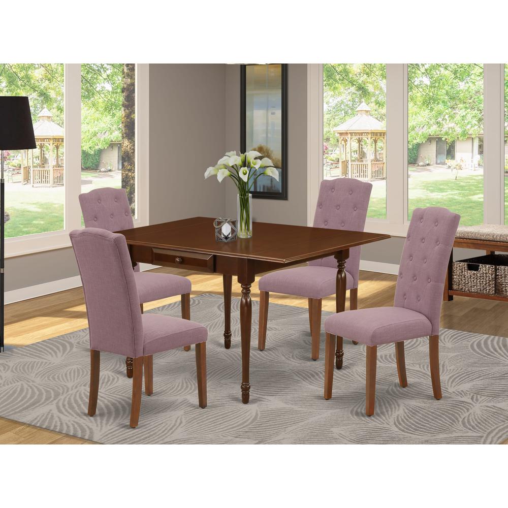 1MZCE5-MAH-10 5Pc Dinette Set Offers a Wood Table and 4 Parsons Dining Chairs with Dahlia Color Linen Fabric, Drop Leaf Table with Full Back Chairs, Mahogany Finish