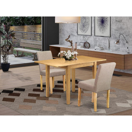 1NDAB3-OAK-04 Dining Table Set 3 Pc - Two Dining Room Chairs and a Modern Dining Table - Oak Finish Wood - Light Fawn Color Linen Fabric