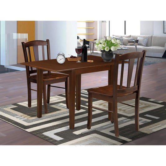 NDDL3-MAH-W - 3-Piece Kitchen Table Set- 2 Dining Chair with Wooden Seat and Slatted Chair Back - Dropleafs Kitchen Dining Table - Mahogany Finish