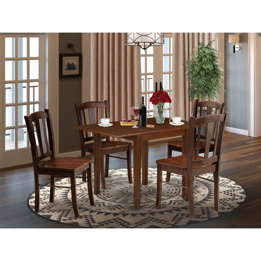 NDDL5-MAH-W - 5-Piece Kitchen Dining Room Set- 4 Mid Century Chair with Wooden Seat and Slatted Chair Back - Dropleafs Rectangular Table - Mahogany Finish