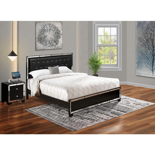 East West Furniture 2-Piece Nella King Size Bedroom Set with a Button Tufted King Size Frame and Night Stand for Bedroom - Black Leather Headboard and Black Legs