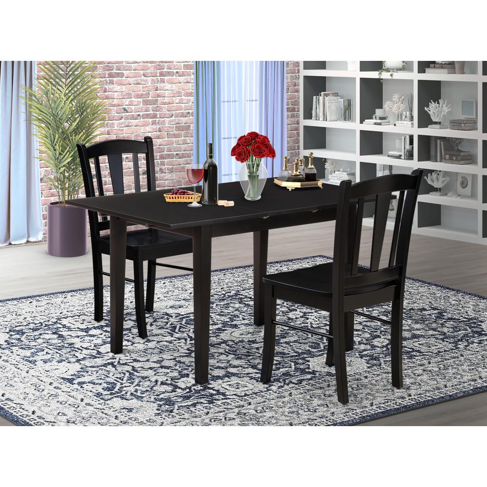 NFDL3-BLK-W - 3-Piece Kitchen Dining Room Set- 2 Modern Dining Chairs with Wooden Seat and Slatted Chair Back - Butterfly Leaf Rectangular Dining Table (Black Finish)