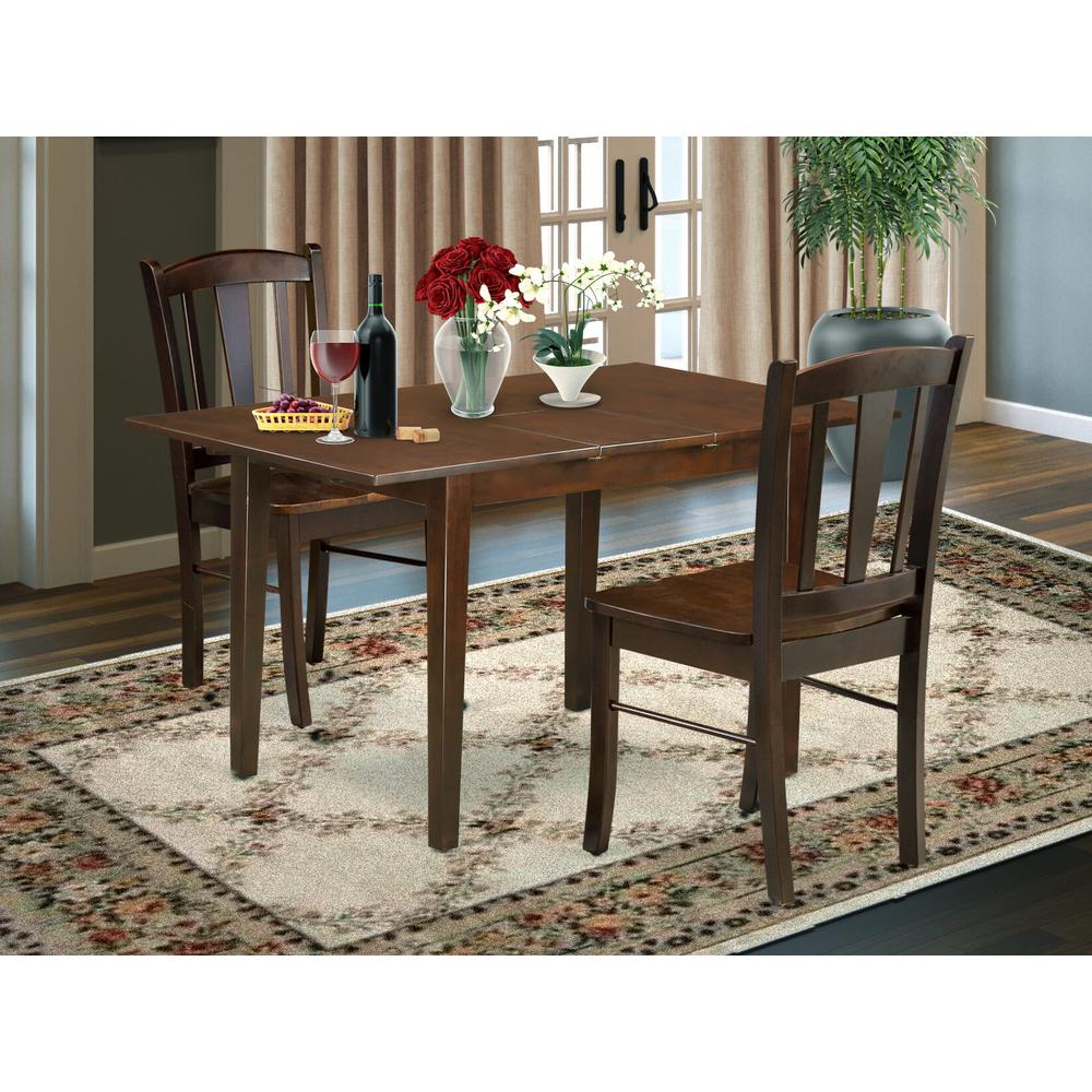 NFDL3-MAH-W - 3-Pc Dining Room Table Set- 2 Dining Chair with Wooden Seat and Slatted Chair Back - Butterfly Leaf Modern Kitchen Table - Mahogany Finish