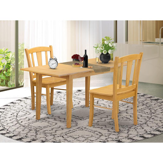 NFDL3-OAK-W - 3-Piece Dining Room Table Set- 2 Wooden Chairs with Wooden Seat and Slatted Chair Back - Butterfly Leaf Rectangular Table - Oak Finish