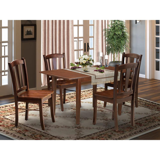 NFDL5-MAH-W - 5-Pc Dining Room Table Set- 4 Kitchen Chair with Wooden Seat and Slatted Chair Back - Butterfly Leaf Dining Table - Mahogany Finish