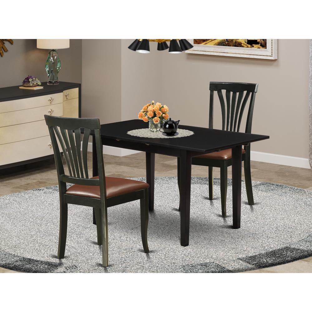 East West Furniture NOAV3-BLK-LC 3-Pc Dining Set 2 Upholstered Dining Chairs with Slatted Back and a Faux Leather Seat and Butterfly Leaf Dinette Table with Rectangular Top and 4 Legs- Black Finish