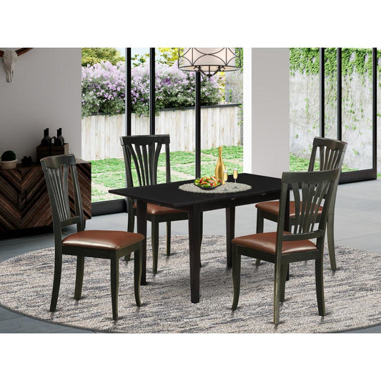 East West Furniture NOAV5-BLK-LC 5-Pc Dining Room Table Set 4 Wooden Dining Chairs with Slatted Back and a Faux Leather Seat and Mid Century Butterfly Leaf Dining Table with Rectangular Top and 4 Legs