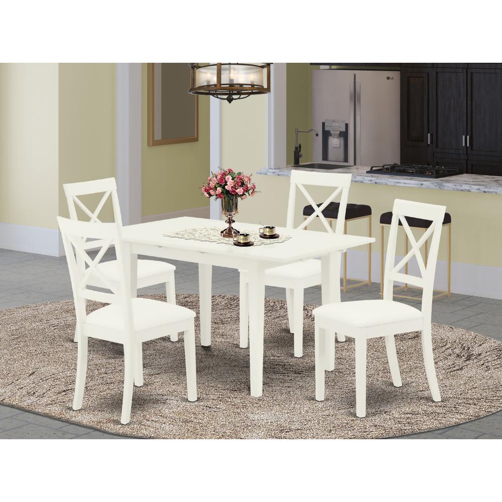 East West Furniture NOBO5-WHI-LC 5-Pc Rectangular Dinette Set 4 Dining Chairs with X-Back and a Faux Leather Seat and Butterfly Leaf Dining Room Table with Rectangular Top and 4 Legs- Linen White Fini