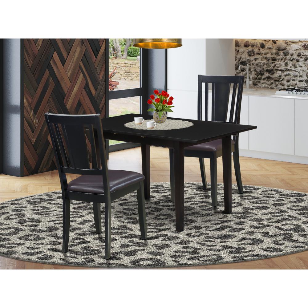 East West Furniture NODU3-BLK-LC 3-Pc Rectangular Dining Table Set 2 Wooden Dining Chairs with Panel Back and A Faux Leather Seat and Small Butterfly Leaf Rectangular Dining Table with Rectangular Top