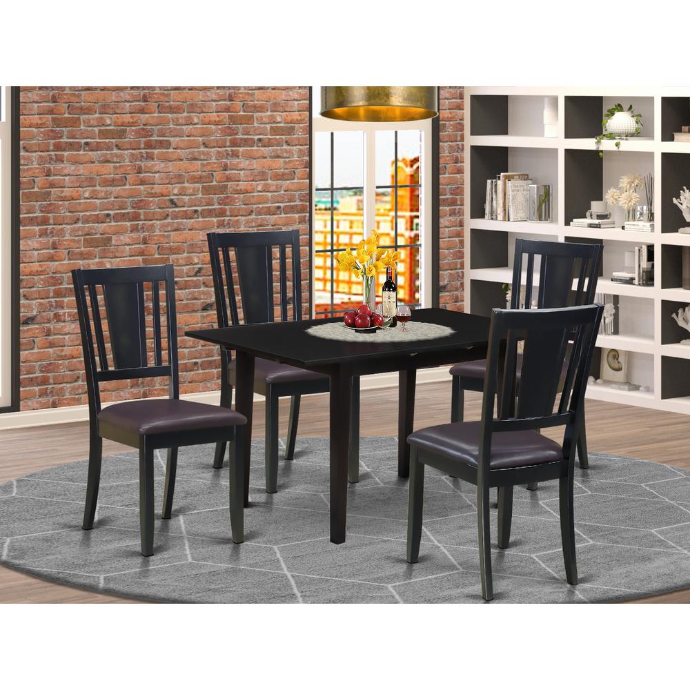 East West Furniture NODU5-BLK-LC 5-Pc Rectangular Dining Table Set 4 Dining Chairs with Panel Back and a Faux Leather Seat and Butterfly Leaf Dining Table with Rectangular Top and 4 Legs- Black Finish