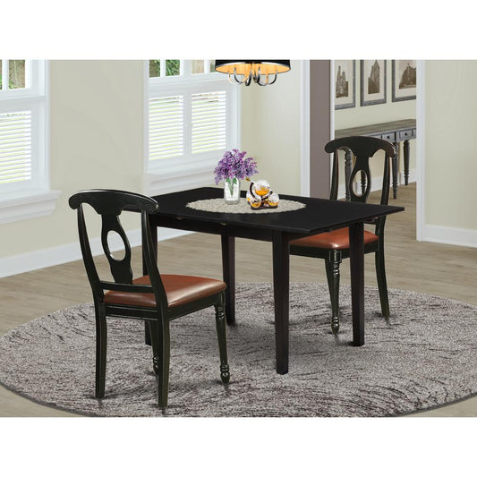 East West Furniture NOKE3-BLK-LC 3-Pc Dining Room Set 2 Dining Room Chair with Napoleon Back and a Faux Leather Seat and Wooden Dining Table with Butterfly Leaf Rectangular Top and 4 Legs- Black Finis